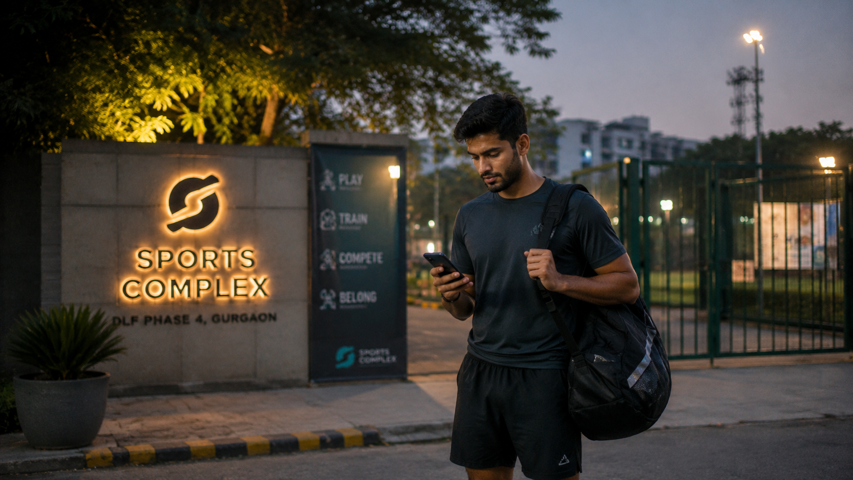 A young professional arriving at a sports complex in the evening
